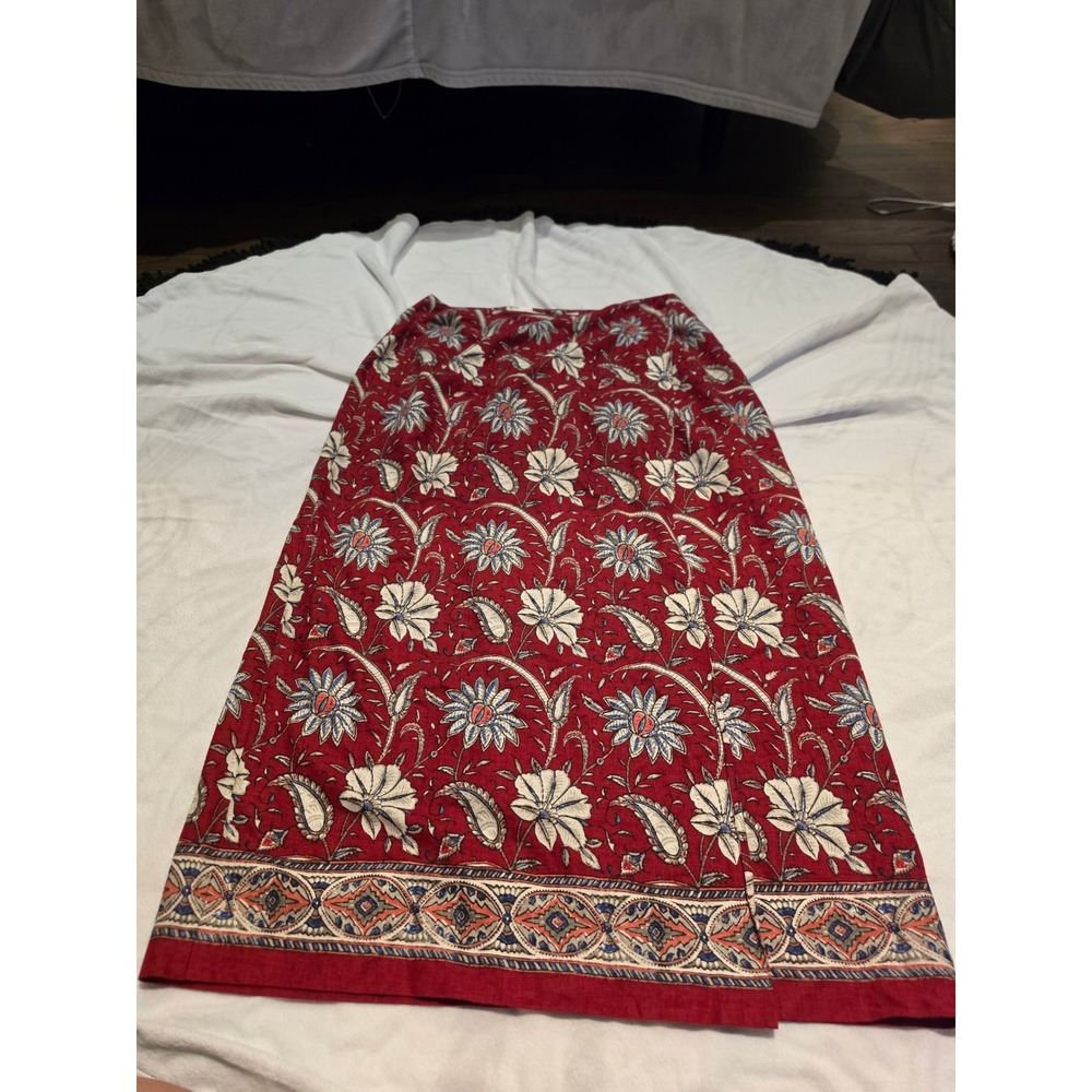 Talbots Red Floral Paisley Linen Blend Maxi Skirt Size 12 Boho A-Line Ankle